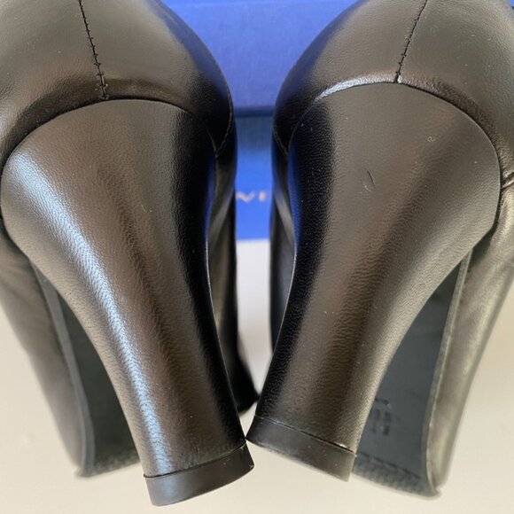 Stuart Weitzman | Black Elastic trim Block Heels Round Toe Leather Pump - Picture 12 of 13